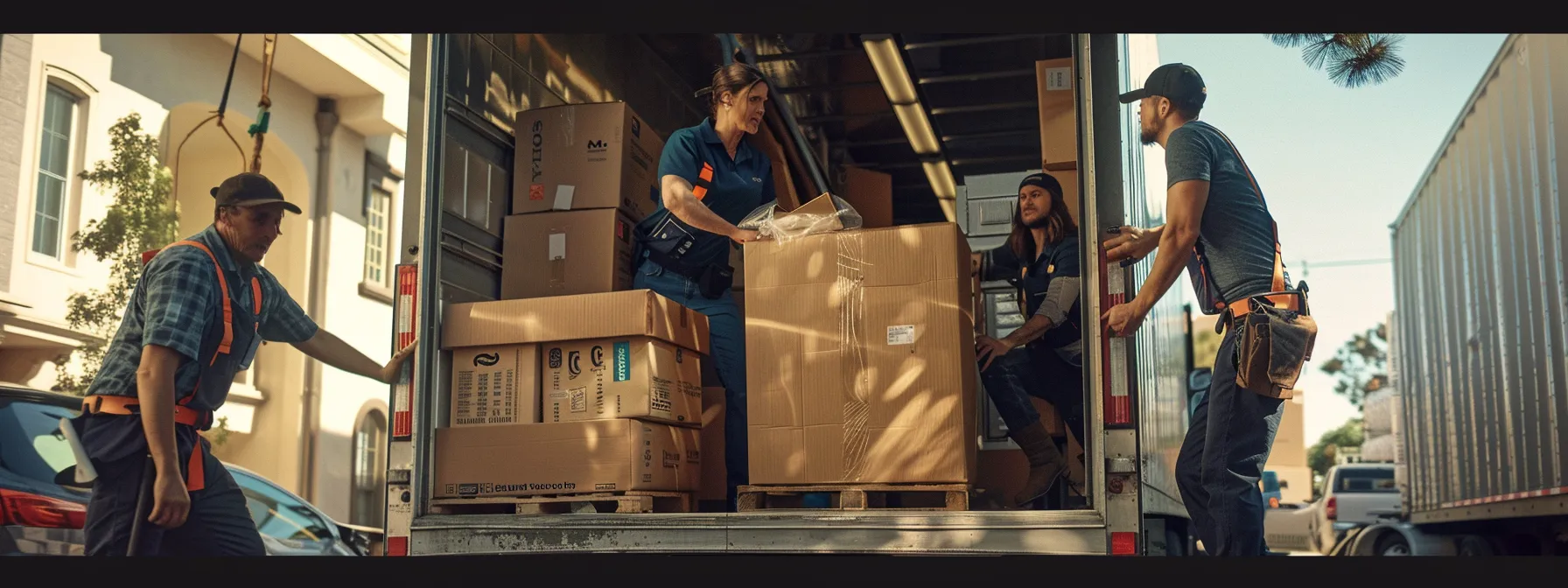 a group of skilled movers carefully packing and loading specialty items into a moving truck, ready to transport them across the country.