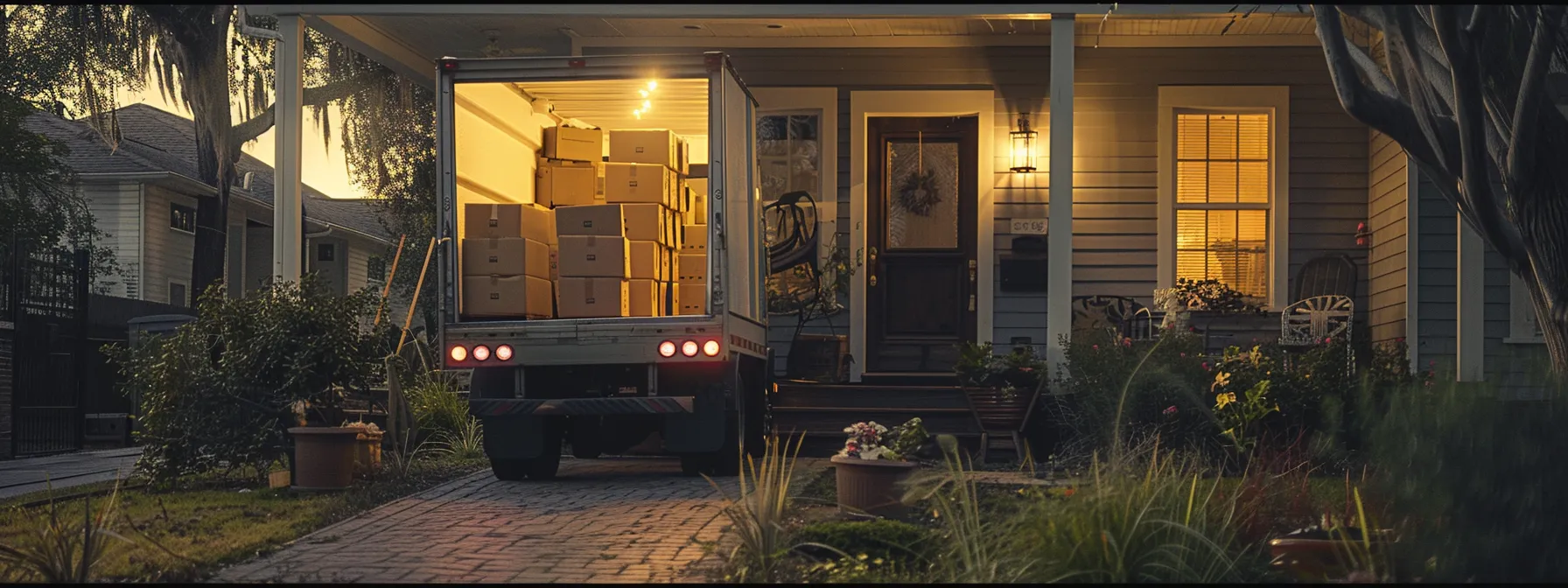 a moving truck filled with boxes and furniture parked in front of a cozy house, ready for relocation by jacksonville moving companies.