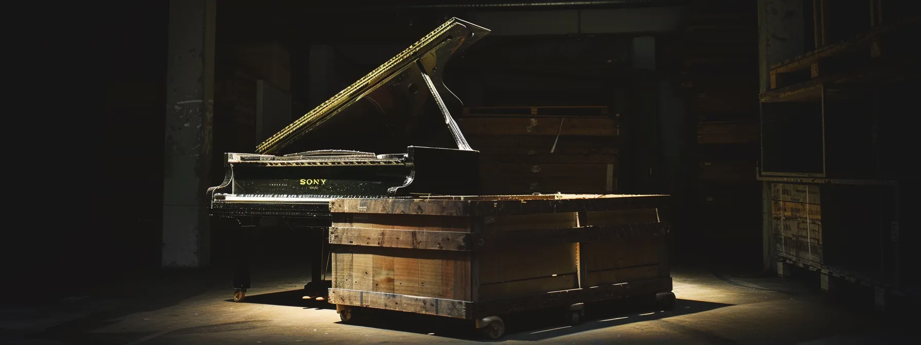 a gleaming grand piano snugly nestled in a custom-built wooden crate, ready for safe transport.