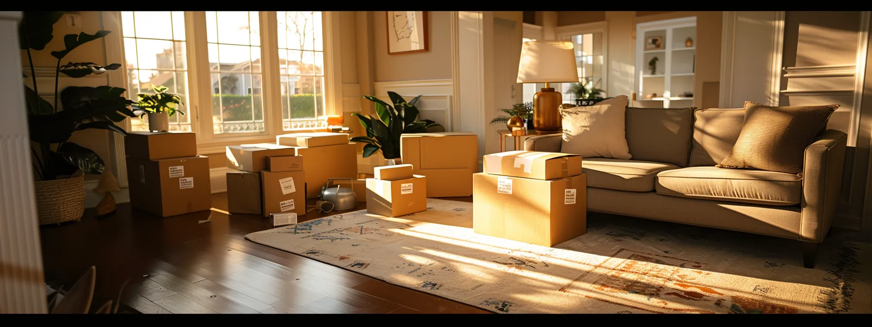 a serene living room with neatly packed boxes, labeled with destination stickers, ready for a stress-free move in jacksonville.