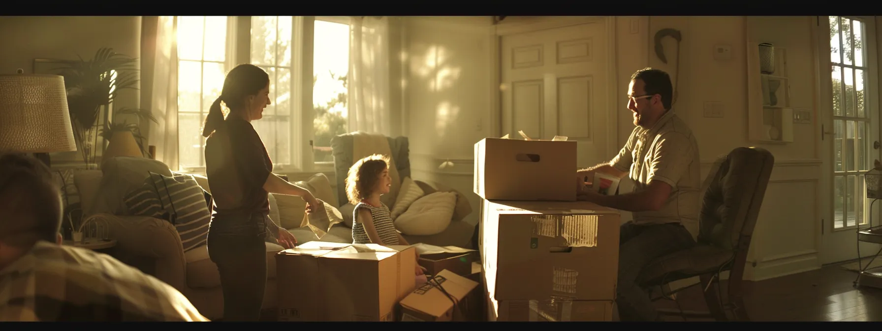 a family happily unpacking boxes in their new jacksonville home, surrounded by professional movers.