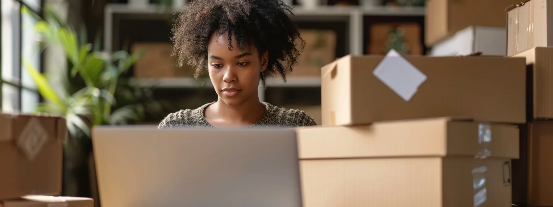 a woman standing in front of a stack of moving boxes, looking at online reviews on her laptop with a thoughtful expression.