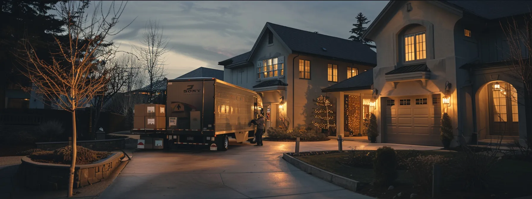 a moving truck parked in front of a house, with movers carrying boxes labeled with different destinations.