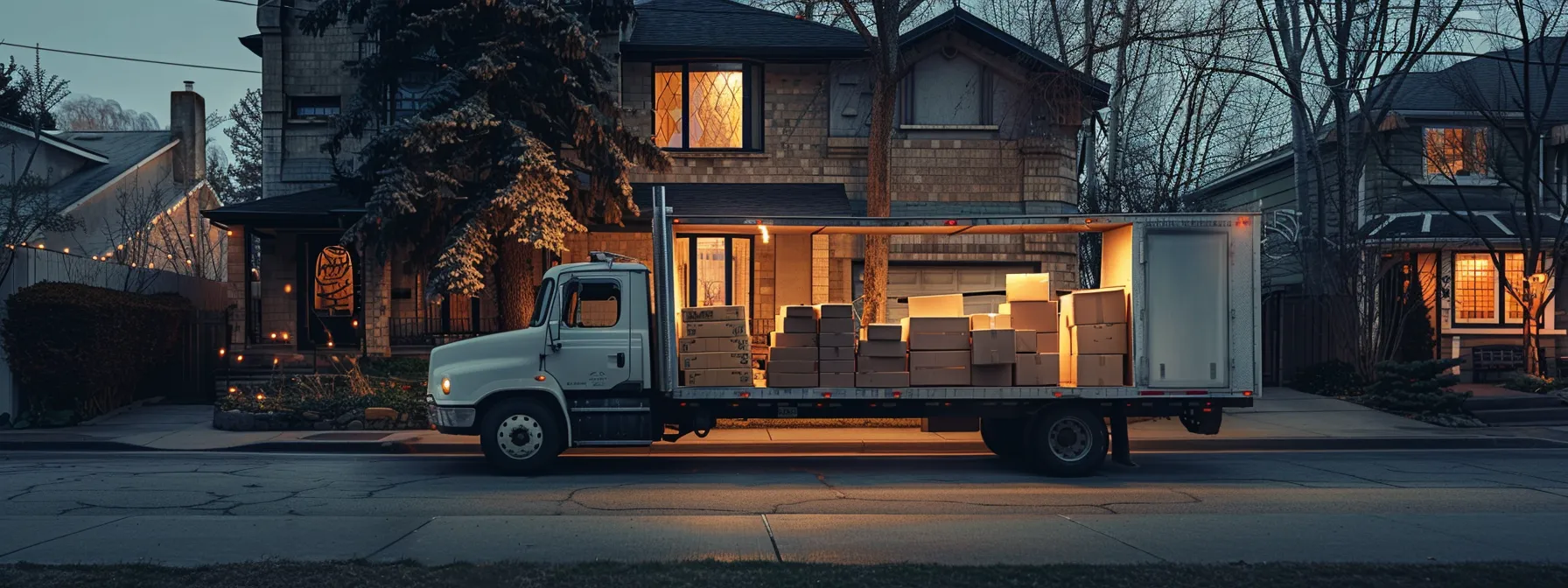 a moving truck parked in front of a house, loaded with boxes of various sizes, ready to embark on a long distance journey.