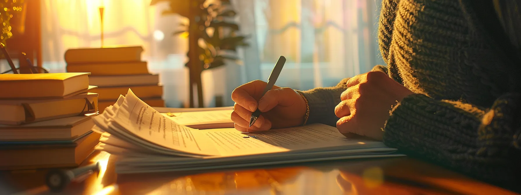 a person carefully reviewing and signing a binding estimate for a moving quote, with a stack of paperwork and a pen in hand.