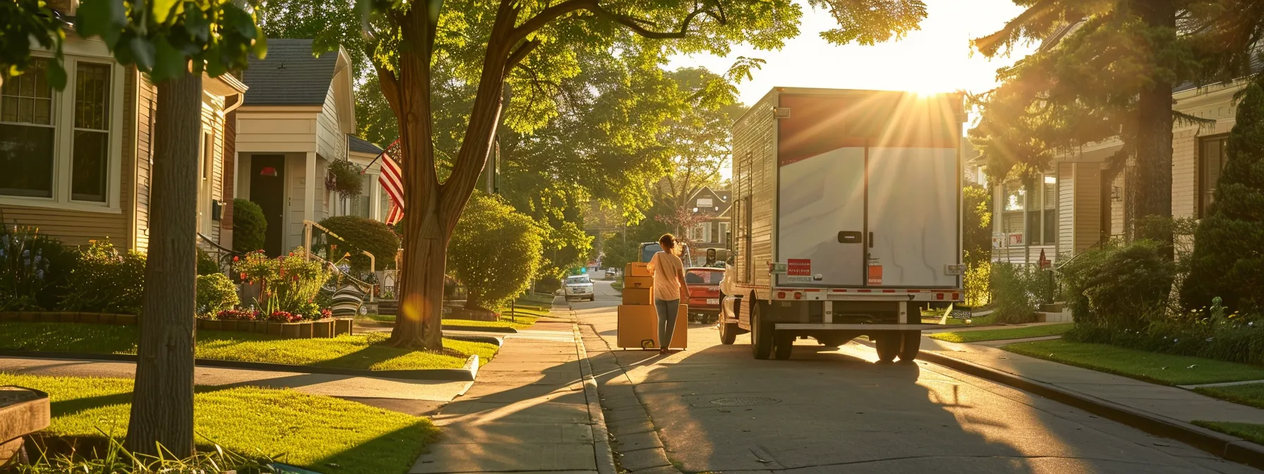 a moving truck parked in front of a house, with movers carrying boxes and furniture into the vehicle.