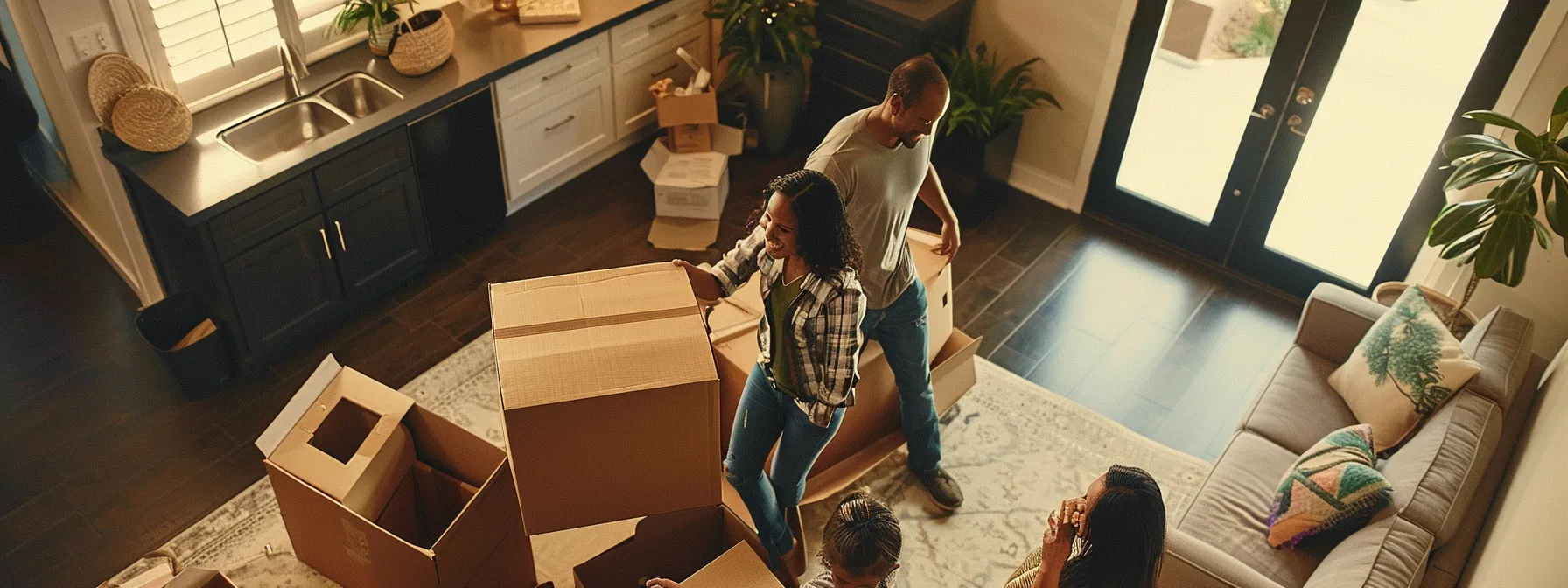 a family happily unpacking boxes in their spacious jacksonville home, surrounded by friendly movers and carefully organized belongings.