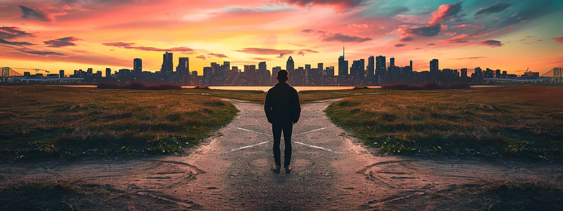 a person standing at a crossroads with a fork in the road, one path leading to a bustling city skyline and the other to a quiet countryside landscape, symbolizing the choice between local and long distance movers.