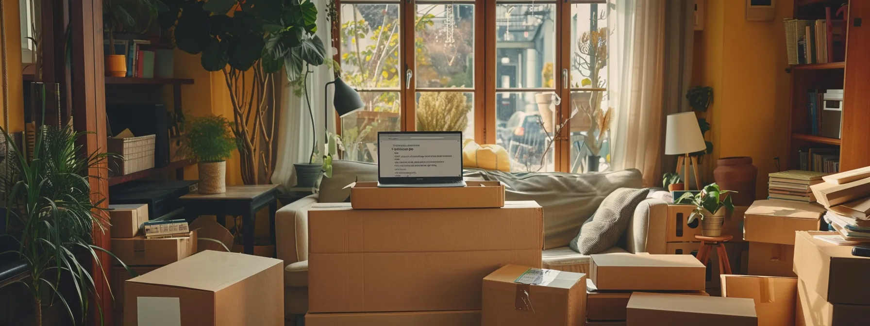 a person comparing online reviews of moving companies on a laptop in a cozy living room filled with moving boxes.