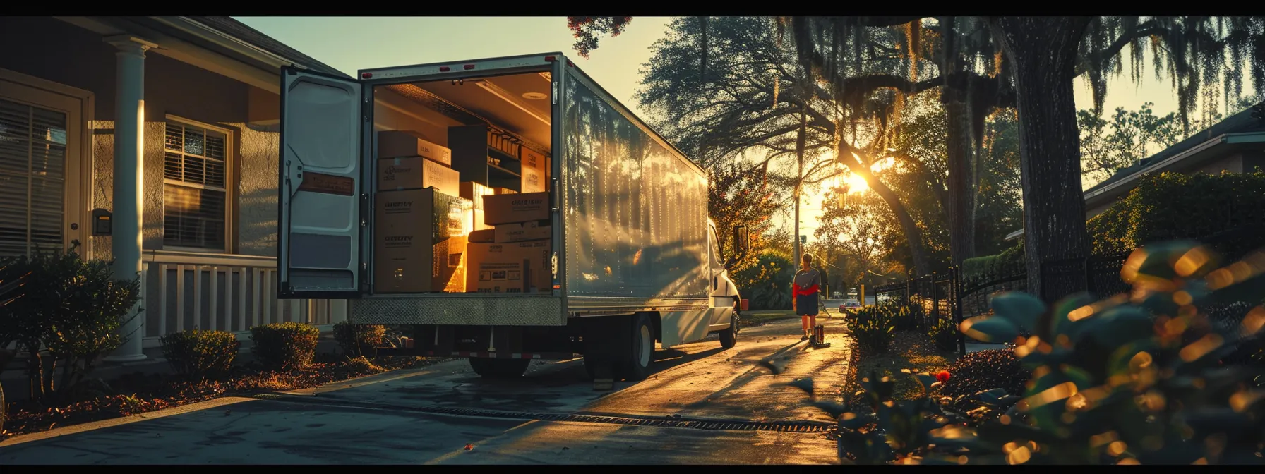 a moving truck packed with furniture and boxes, parked outside a jacksonville home, as movers from skinner moving carefully load items onto the vehicle.