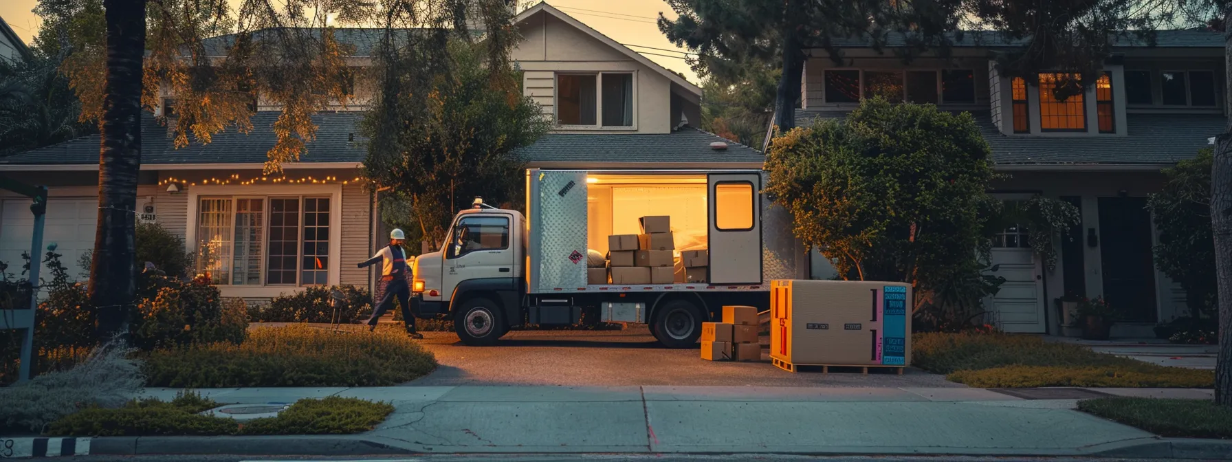 a moving truck parked outside a house, filled with boxes of various sizes and shapes, with movers carrying furniture towards the entrance.