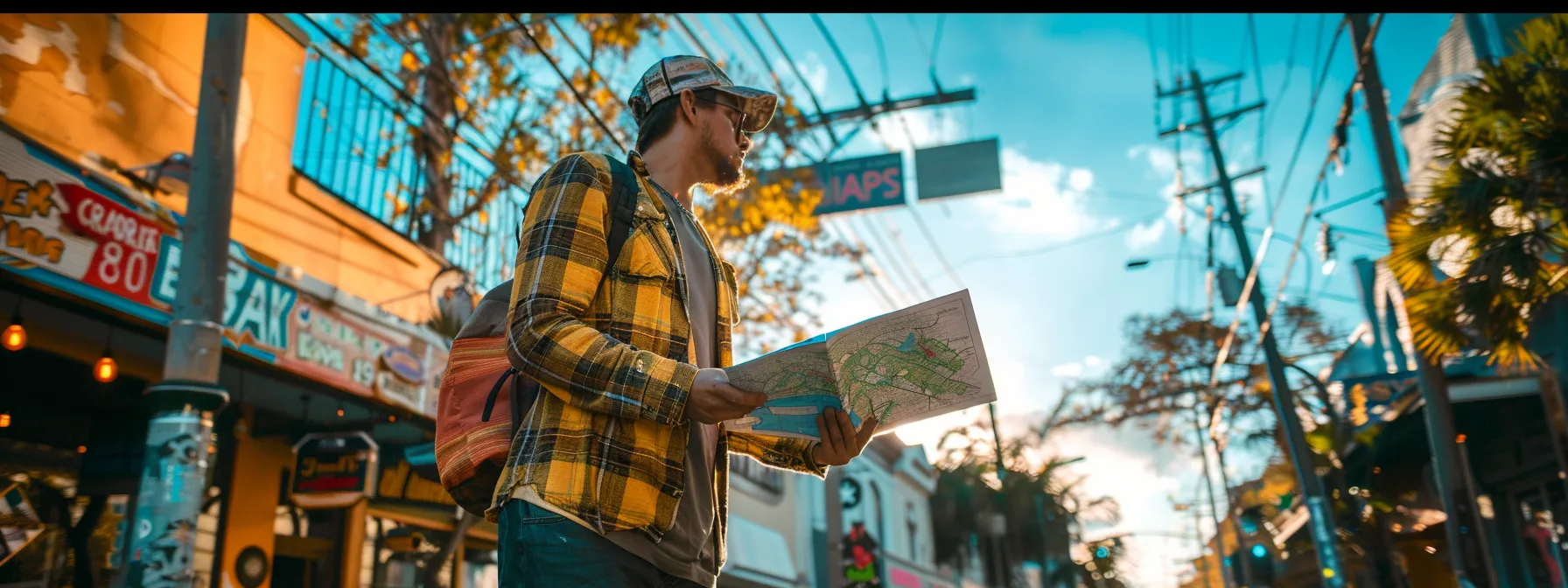 a newcomer holding a map, surrounded by vibrant neighborhood signs and local landmarks, immersing themselves in the diverse and welcoming atmosphere of jacksonville.