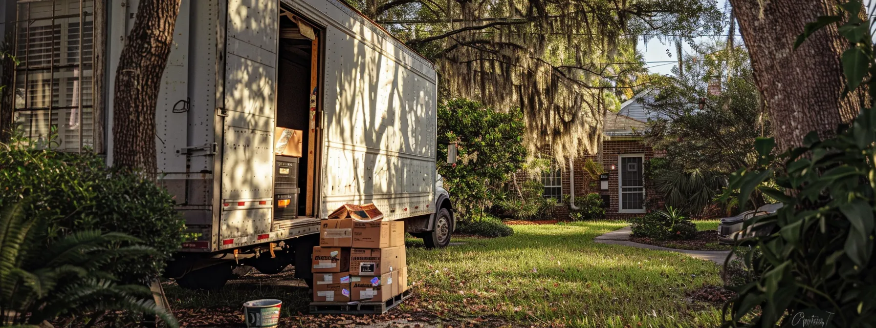 a serene moving truck packed neatly with carefully wrapped valuables, parked in front of a welcoming jacksonville home.