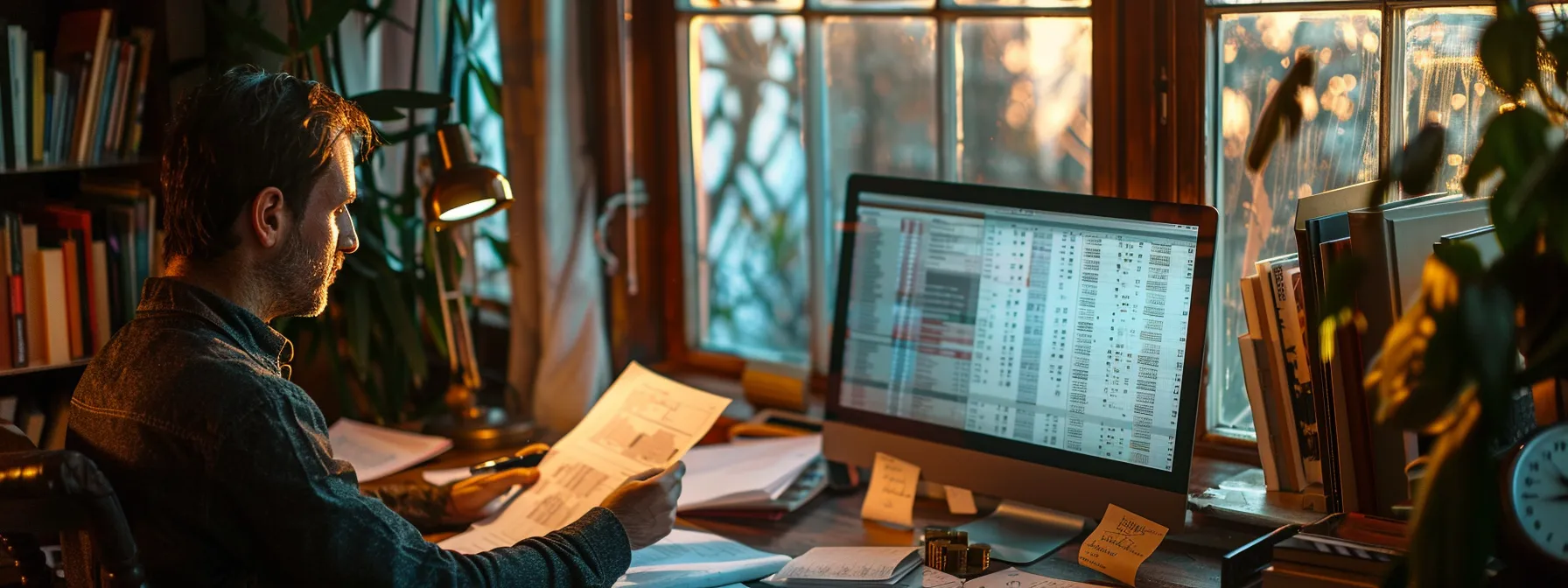 a person carefully examining detailed moving estimates from various companies, surrounded by paperwork and a computer displaying company reviews and credentials.