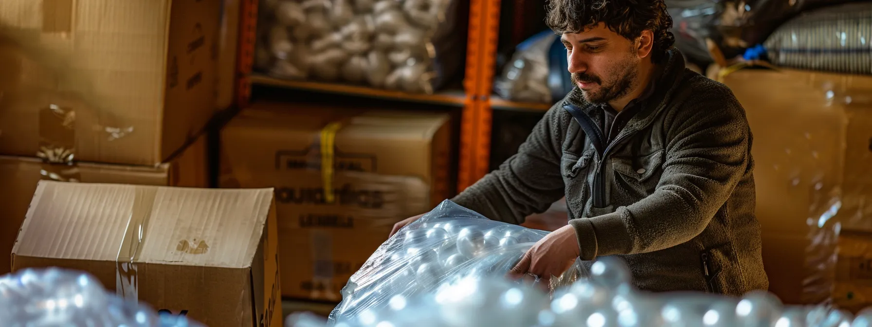 a professional packer carefully wrapping delicate items in bubble wrap, surrounded by neatly packed boxes ready for moving day.