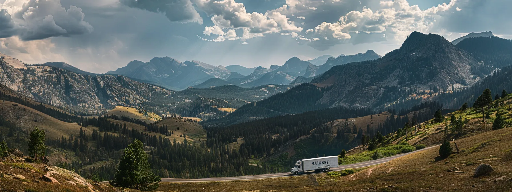 a moving truck driving through a scenic mountain pass, with skinner moving & storage logo visible on the side, showcasing a seamless long-distance relocation journey.