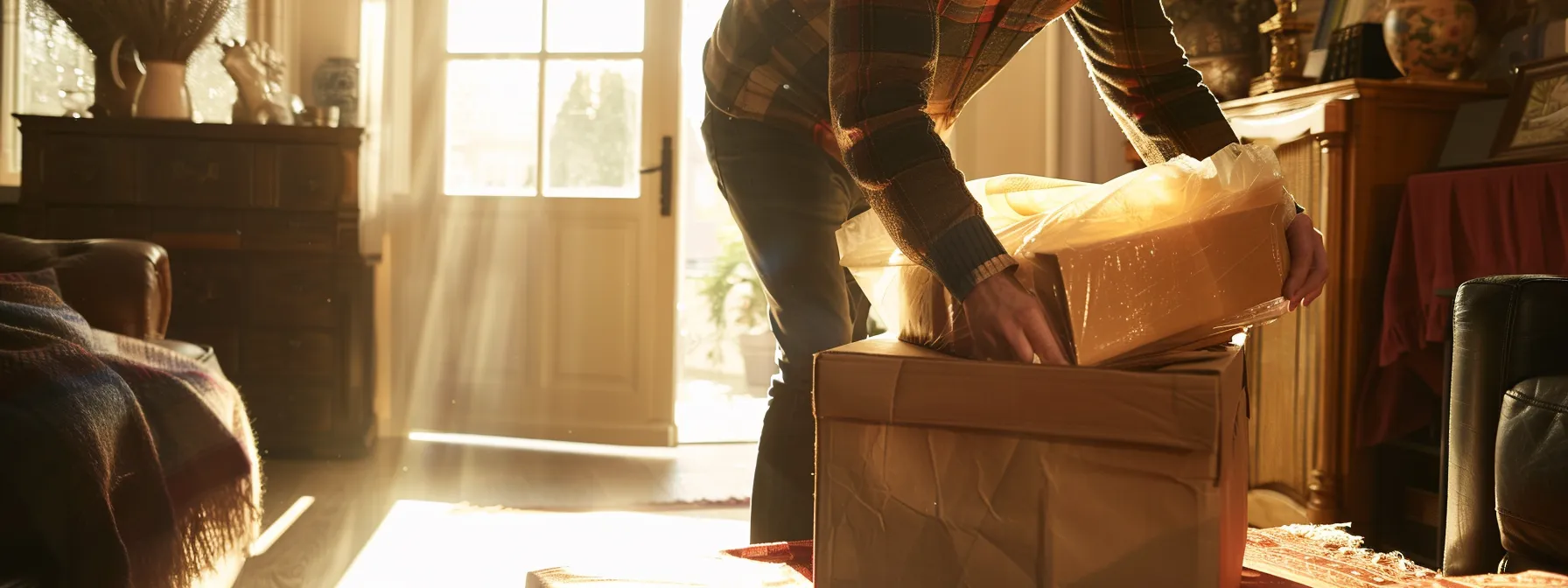 a professional mover carefully wrapping a delicate antique with precision and care.