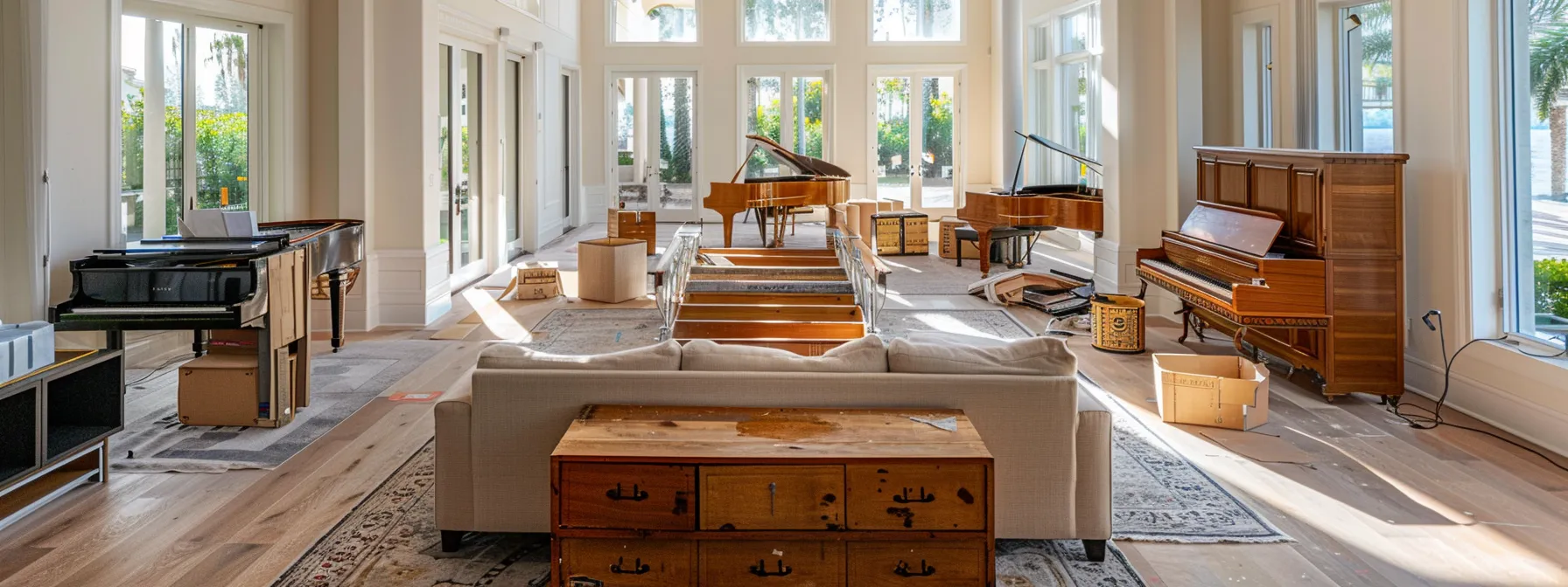 a spacious living room with elegant furniture being carefully disassembled by expert movers in jacksonville.