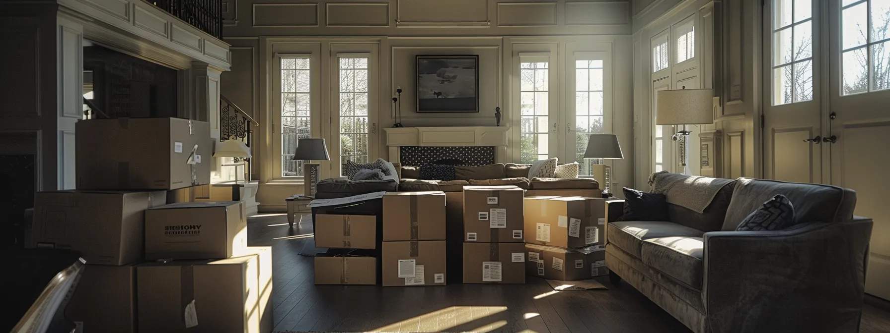 a stack of labeled moving boxes sits neatly arranged in a spacious living room, ready to be loaded onto a moving truck.