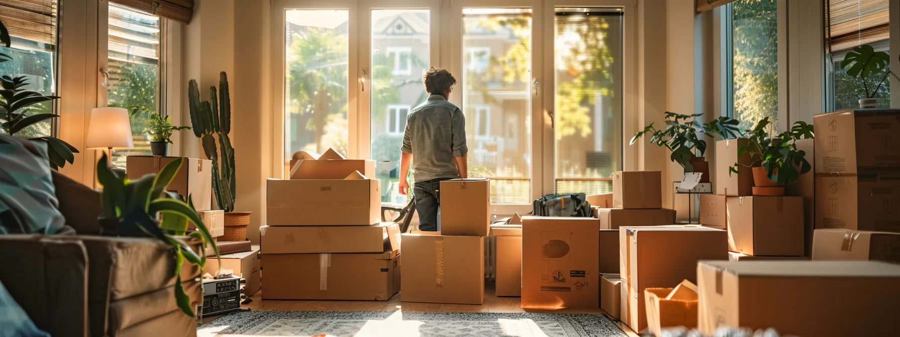 a person carefully organizing and decluttering their belongings in a bright, airy room filled with moving boxes and packing materials.