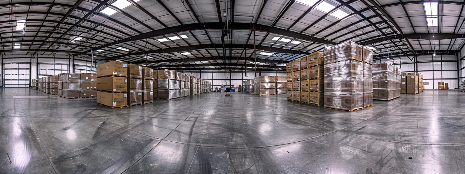 a spacious warehouse filled with neatly stacked boxes labeled "jacksonville moving and storage."