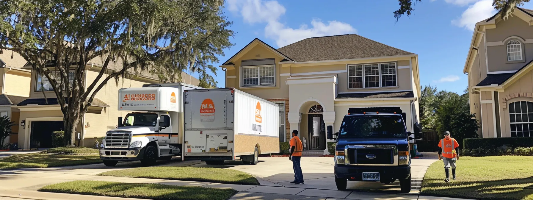 a moving truck parked outside a house with workers loading boxes efficiently, showcasing skinner moving & storage's same-day moving services in jacksonville, fl.