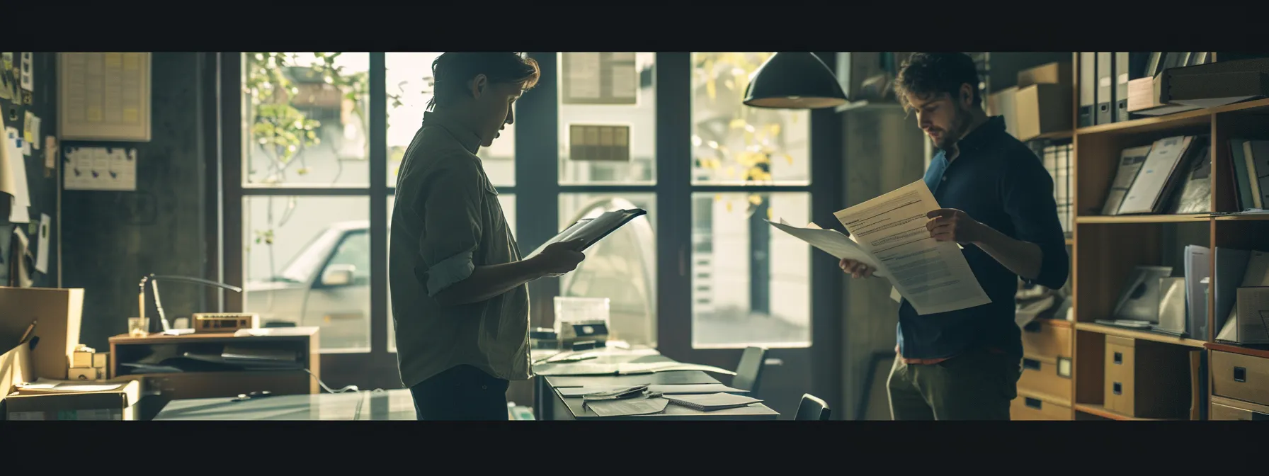 a person carefully reviews paperwork while speaking with a professional mover in a tidy, organized office space.