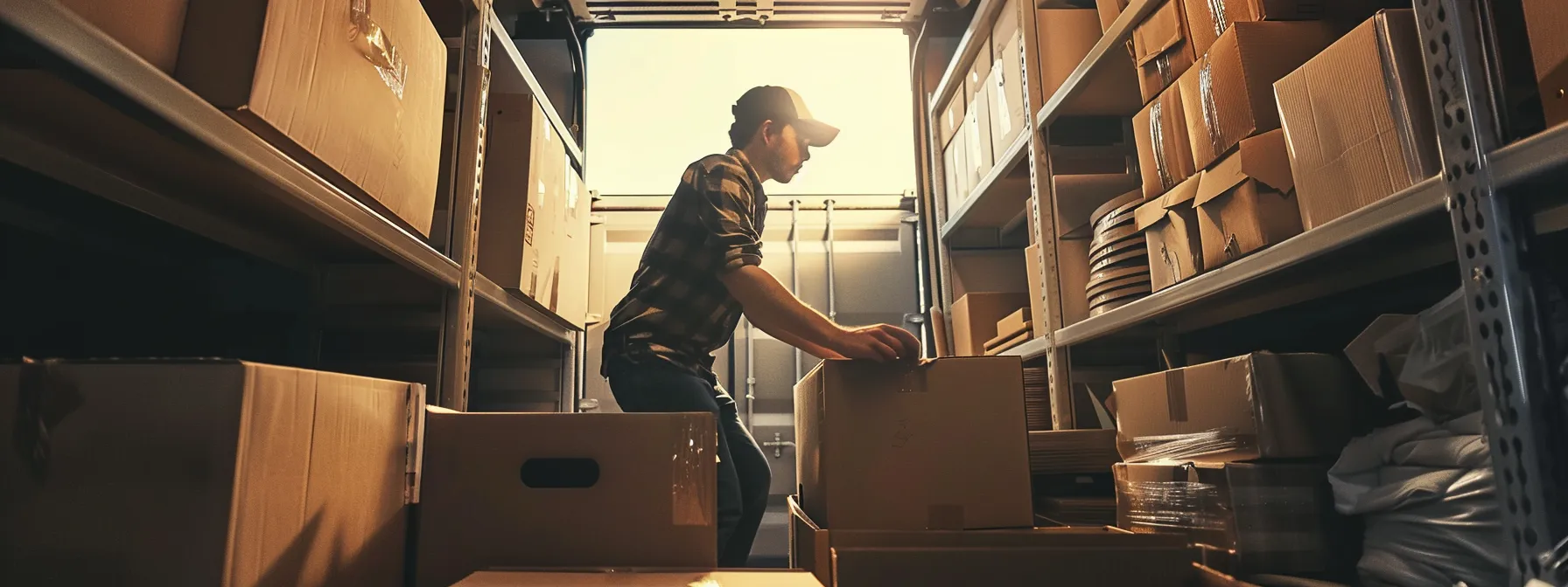 a professional long distance mover carefully packing and stacking boxes in a spacious, fully equipped moving truck.