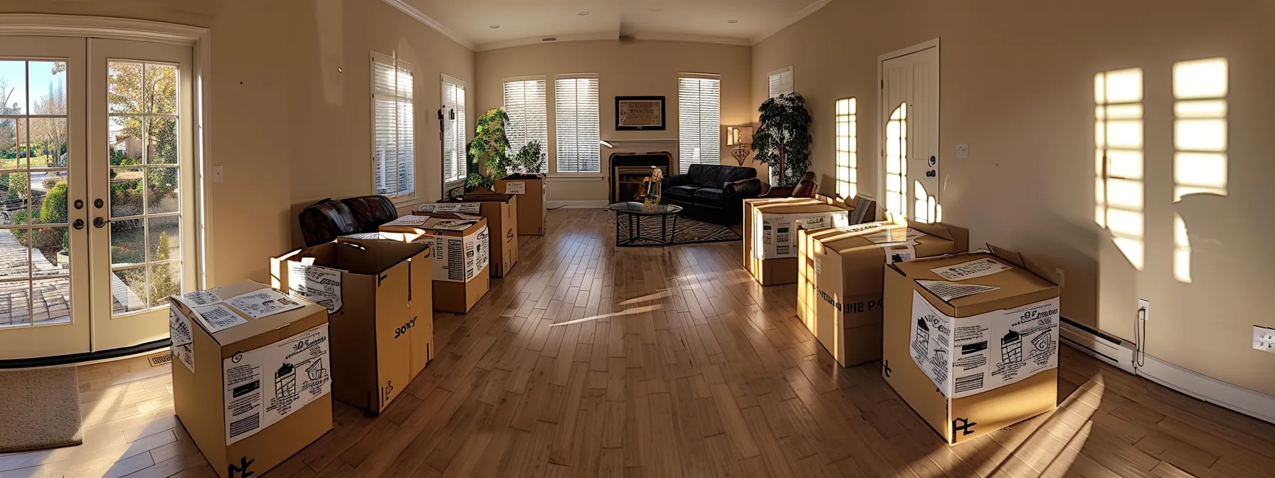 a neatly organized row of labeled moving boxes in a spacious living room, ready for a smooth local move in jacksonville.