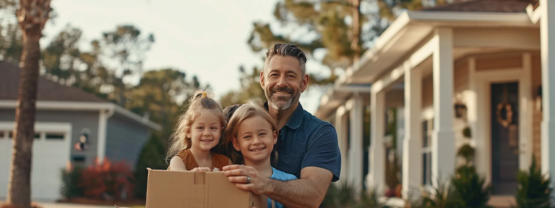 a smiling family posing in front of their new home, surrounded by skinner moving & storage boxes, showcasing their positive experience with the company in jacksonville.