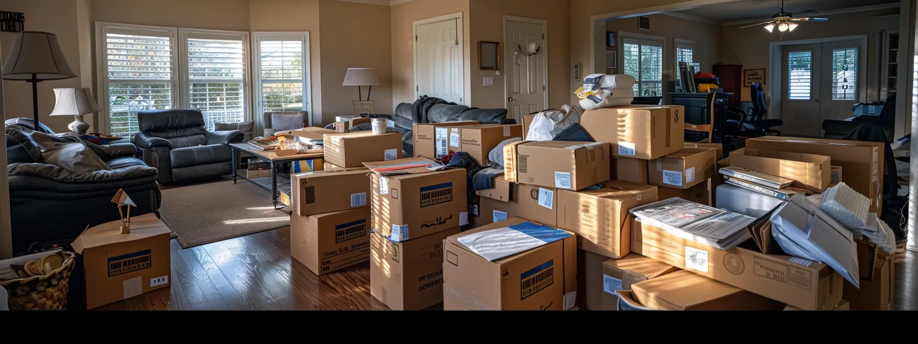 a living room filled with neatly stacked boxes labeled with different items, important documents spread out on a table, a checklist of service providers to notify, and a person looking composed amidst the moving preparations in jacksonville, fl.