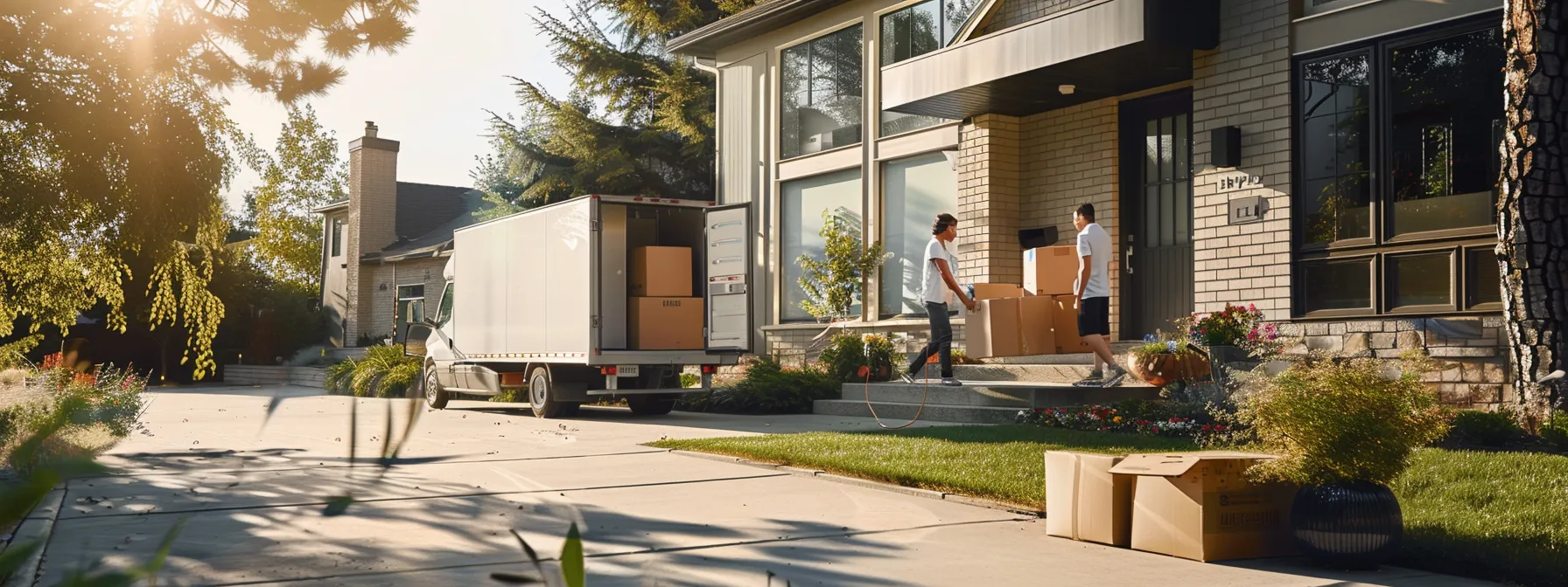 a family loading boxes onto a moving truck in front of a quaint suburban house.