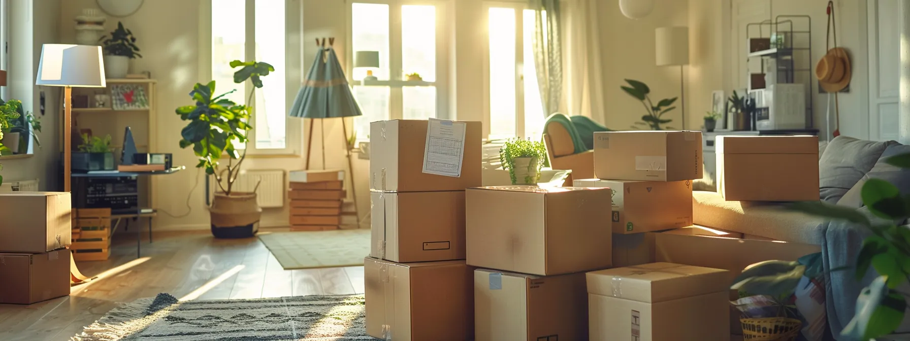 a spacious, well-organized living room with boxes neatly stacked in priority order for unpacking, a checklist displayed prominently on the wall, and family members working together efficiently.