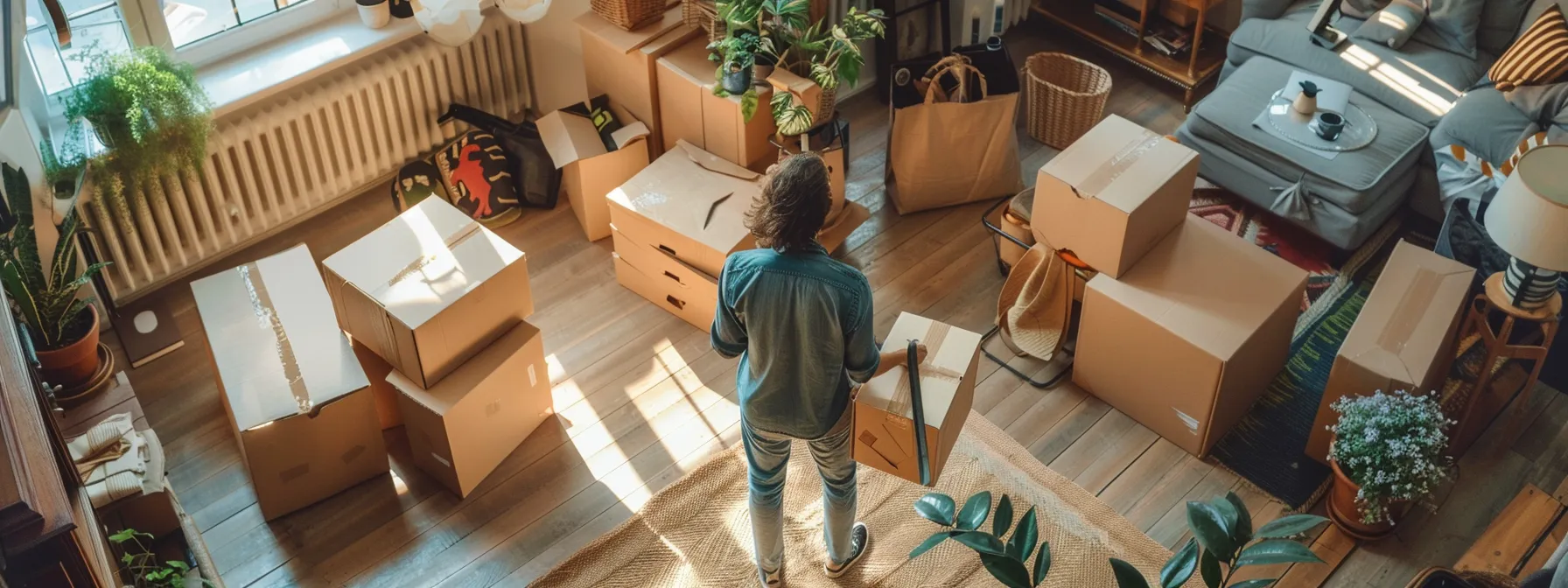 a person quickly and methodically unpacking boxes in a well-organized living room after a long-distance move, creating a sense of efficiency and ease in settling into a new space.