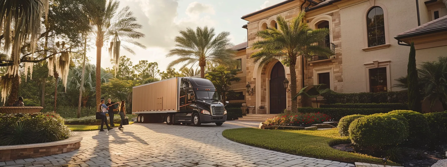 a moving truck parked outside a cozy jacksonville home, with skilled movers carrying boxes into the house, showcasing skinner moving & storage's reliable residential moving services.