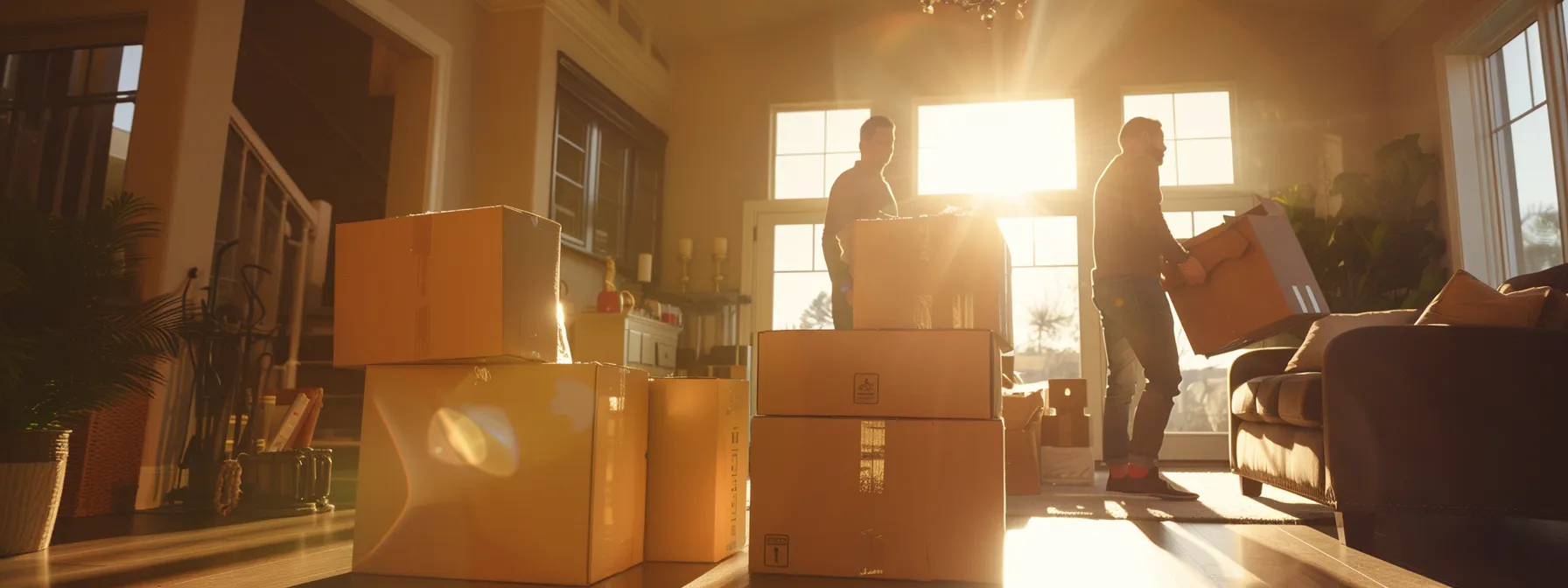 a professional moving team carefully packing boxes and organizing supplies in a spacious and organized living room.