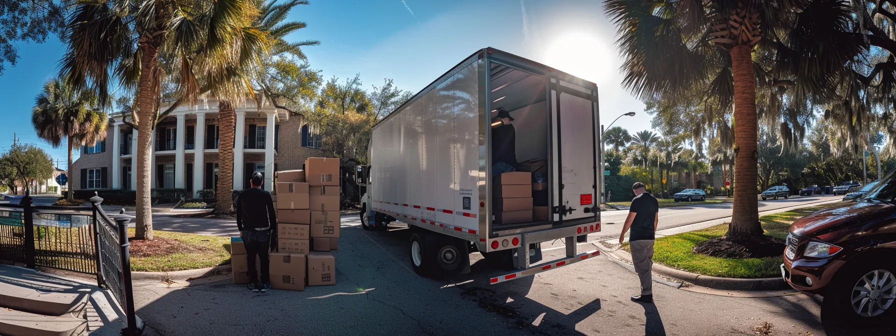 a team of movers efficiently loading boxes onto a spacious, well-equipped moving truck on a sunny day in jacksonville.