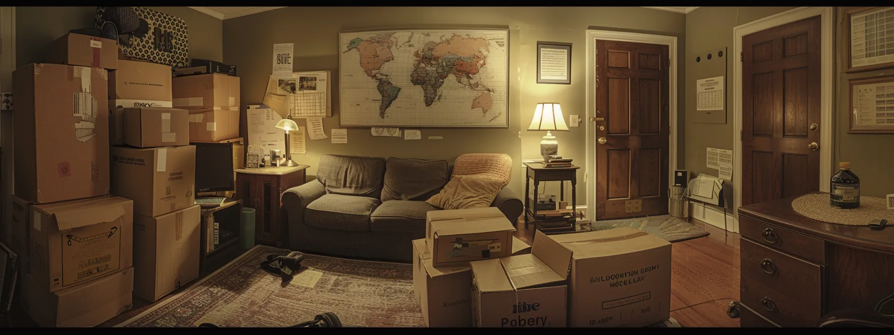 a neatly organized living room with labeled moving boxes, a detailed checklist, and a map of jacksonville, fl visible on the wall.