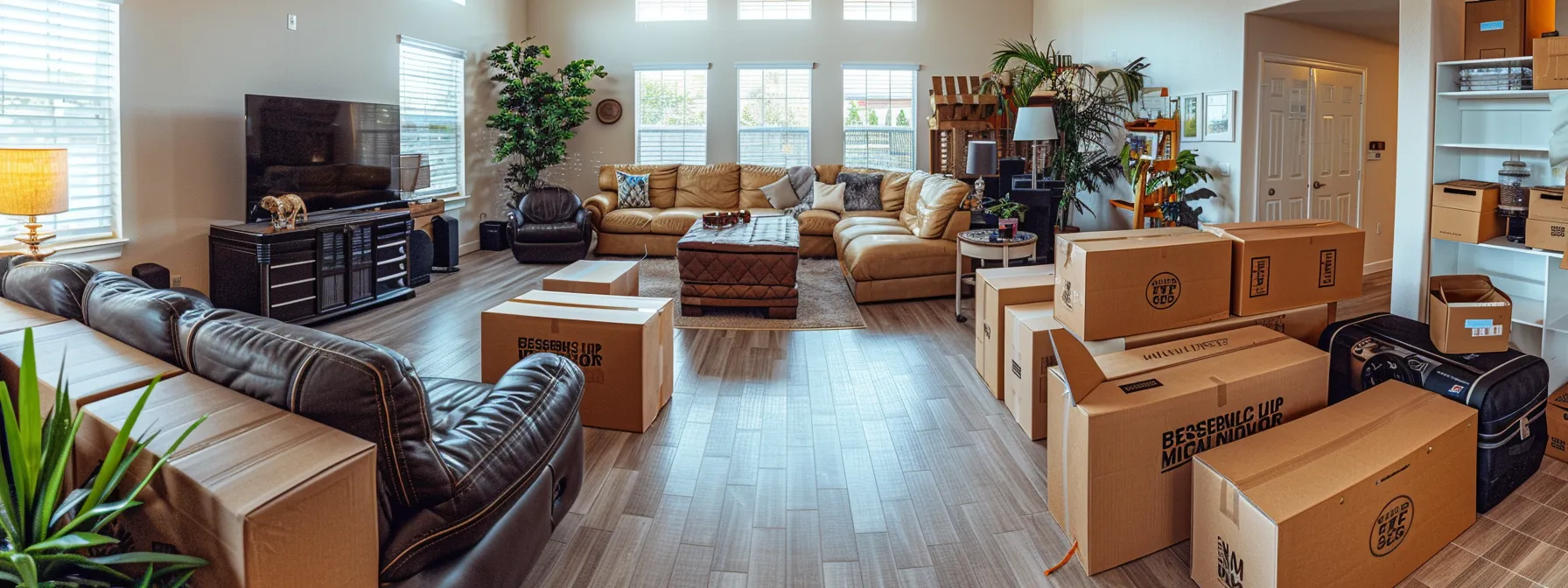 a spacious living room filled with neatly packed moving boxes, showcasing skinner moving & storage's efficient residential moving solutions in jacksonville, fl.