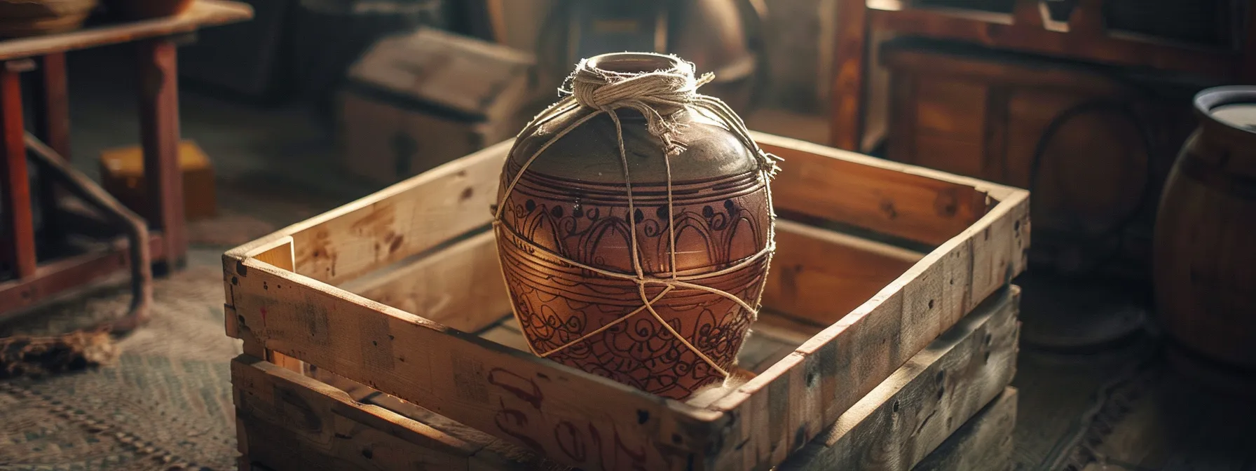 a delicately wrapped antique vase being carefully secured in a sturdy wooden crate for safe transport.