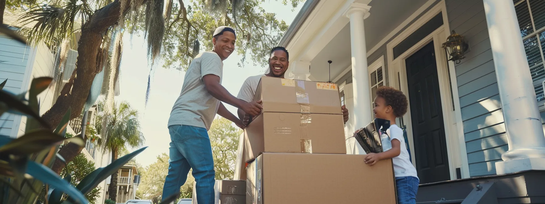 a family surrounded by moving boxes being loaded onto a moving truck by two smiling movers from allied van lines, showcasing the affordability and efficiency of their services in jacksonville.