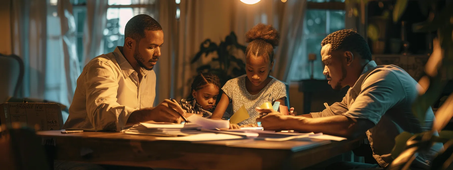 a family sitting around a table with a stack of papers, discussing and negotiating moving quotes with a professional mover.