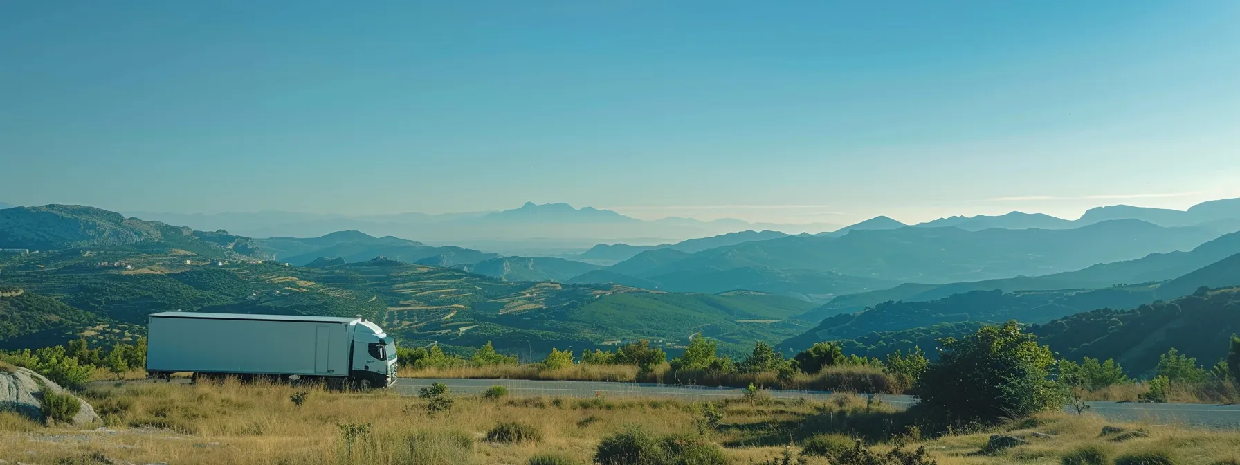 a moving truck parked along a scenic highway, overlooking a mountain range under a clear blue sky.