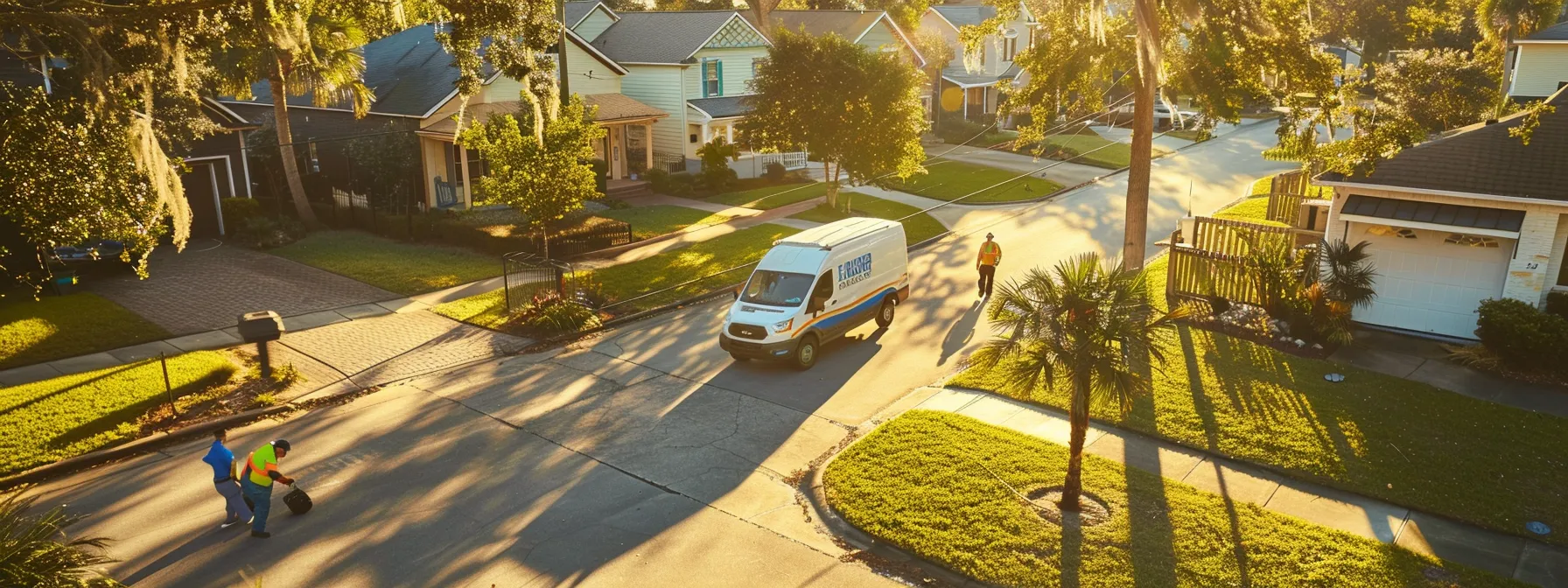 a team of skinner moving & storage workers carefully navigating through a vibrant jacksonville neighborhood, showcasing their local expertise and commitment to excellence.