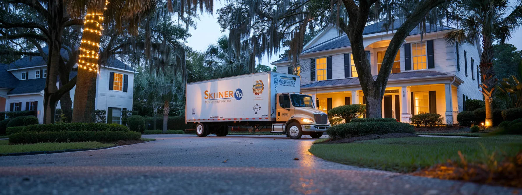 a moving truck parked in front of a jacksonville home, with skinner moving & storage logo prominently displayed on the side.