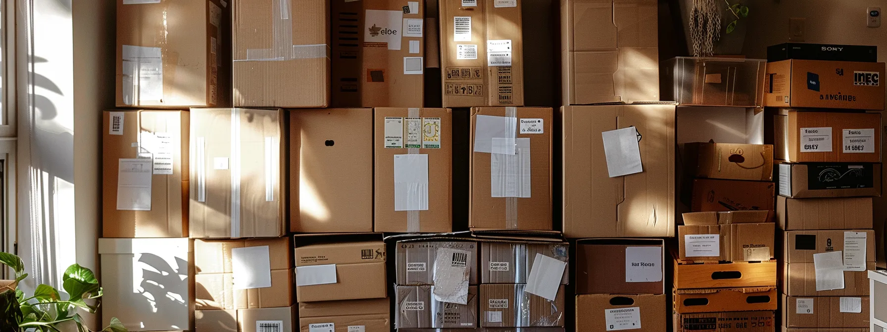 a neatly labeled tower of moving boxes, each marked with specific categories, ready to be unpacked in a new home.