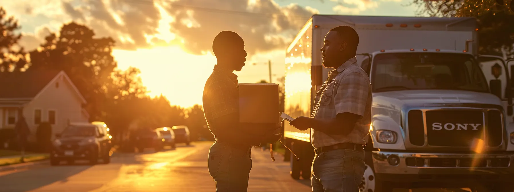 a couple looking over a detailed moving estimate with a moving truck in the background, planning their relocation within jacksonville.