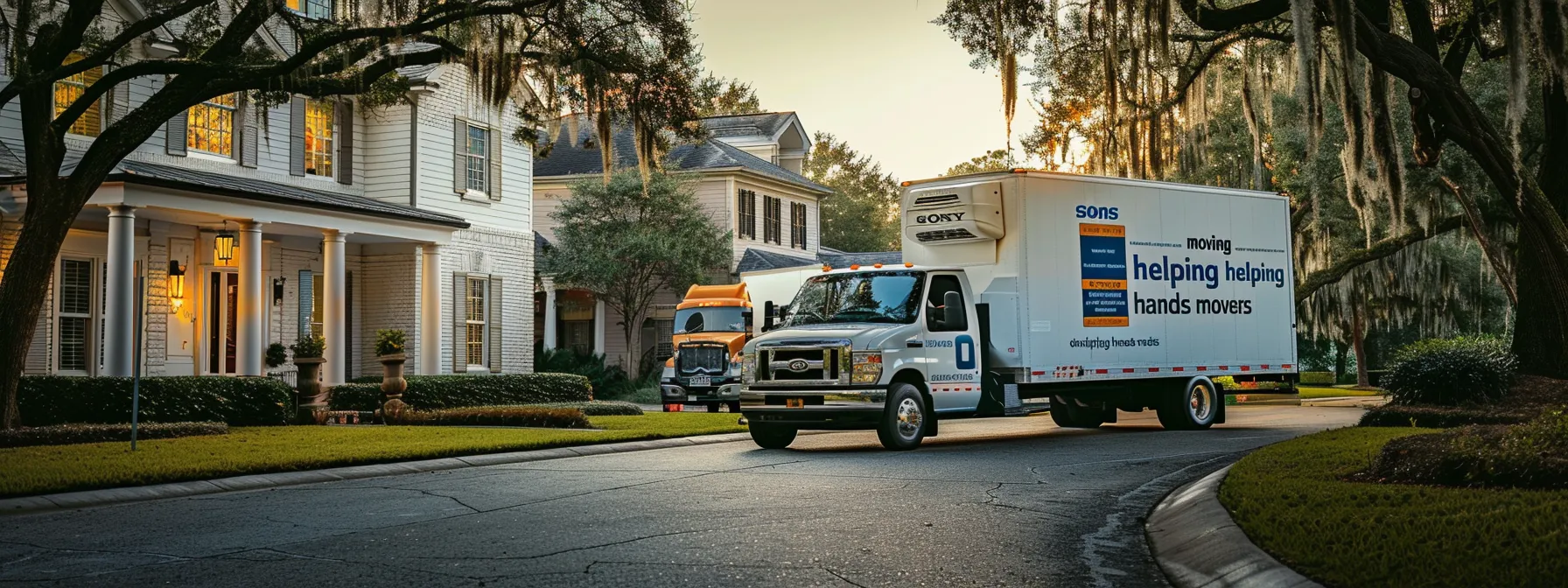 a photo of two moving trucks parked in front of a suburban home, one labeled 