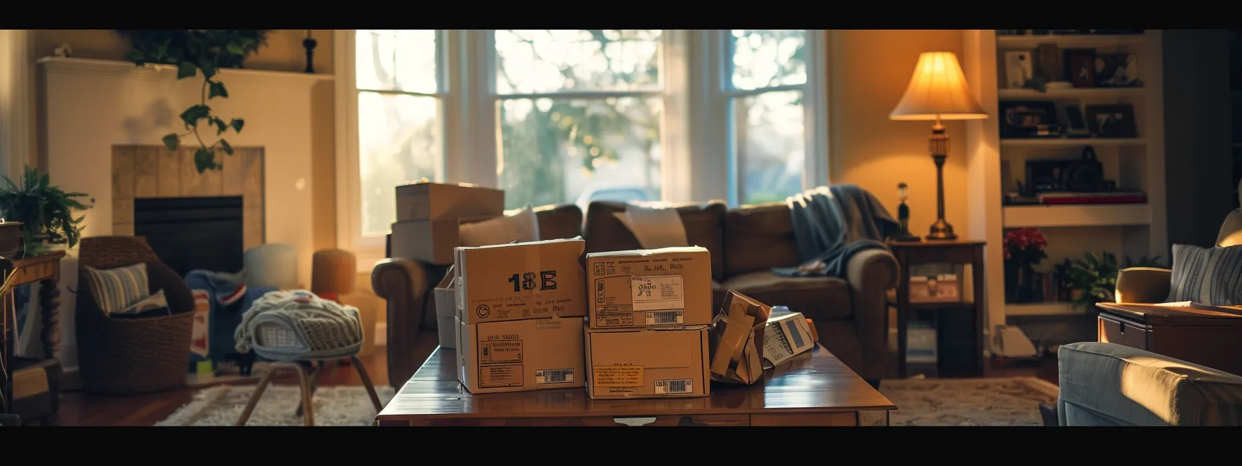 a neatly organized living room with labeled moving boxes, a customized checklist, and a decluttered space, showcasing preparation for a stress-free move in jacksonville, fl.