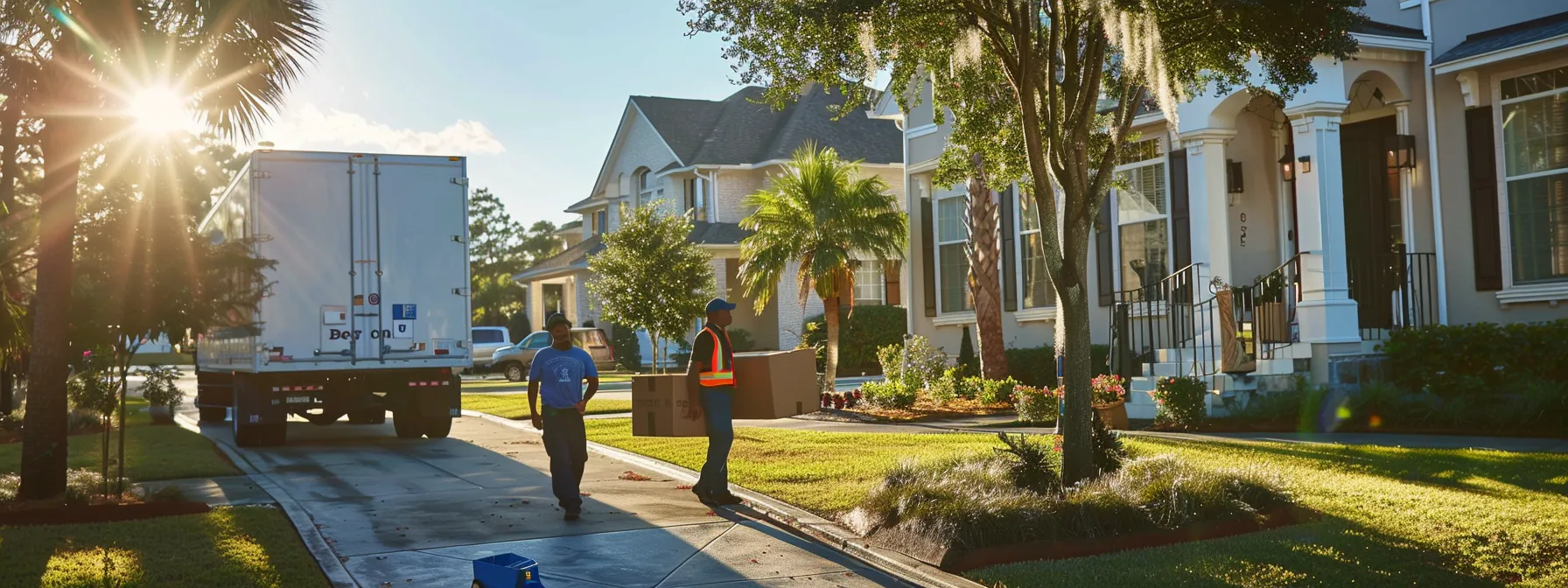 a moving truck parked outside a suburban home with workers carrying specialty items, showcasing skinner moving & storage's efficient same-day relocation services in jacksonville, fl.